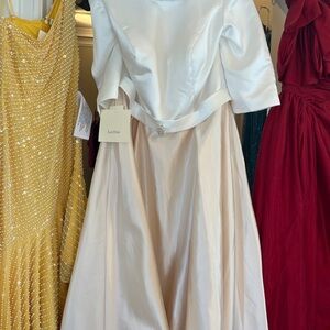 LAN TING Elegant White Wedding Dress with Champagne skirt bubble hem Chest 42”